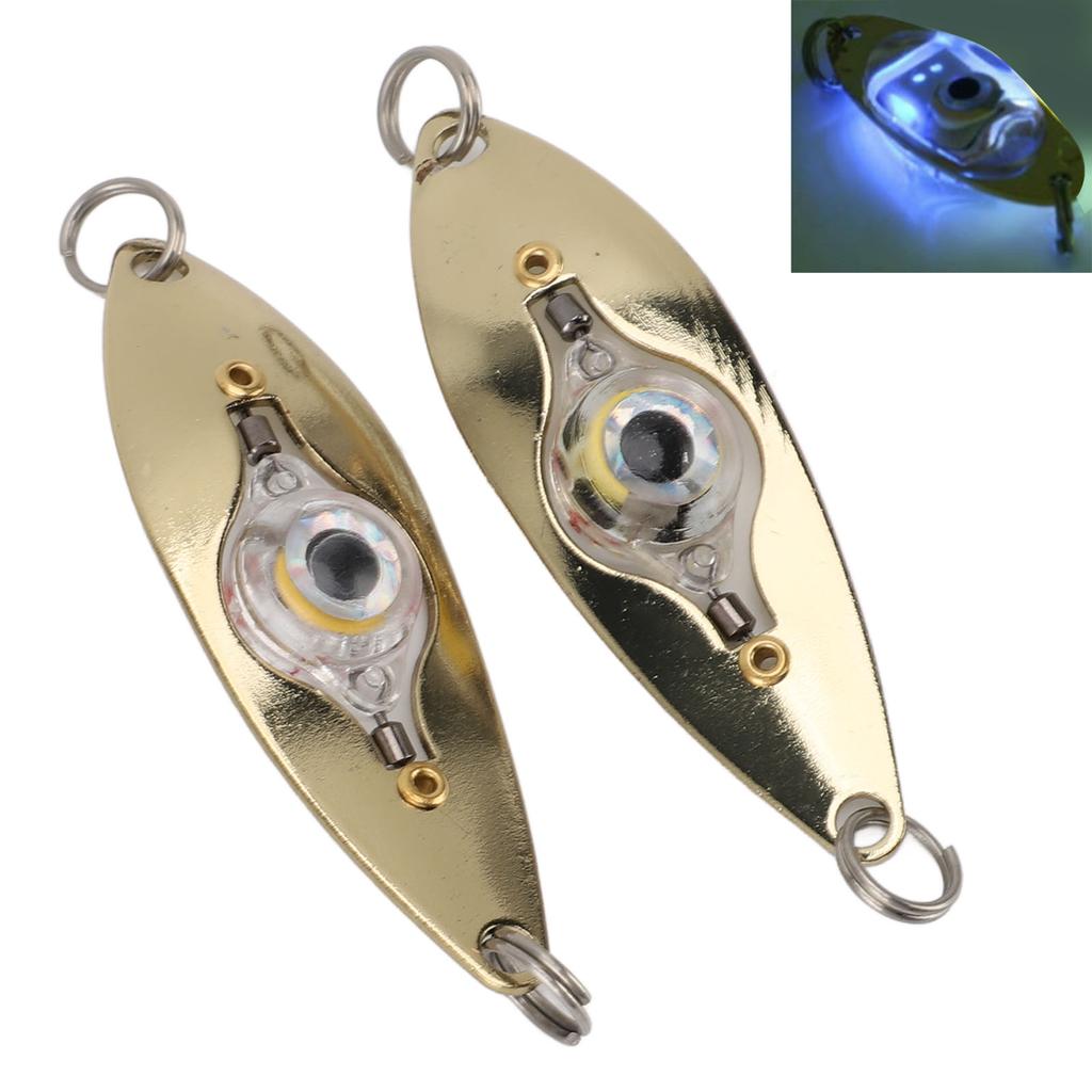 2pcs Fish Eye LED Fishing Lures Lighted Fishing Spoons Underwater Bait Flasher Deep Drop Light for Saltwater Freshwater White Light