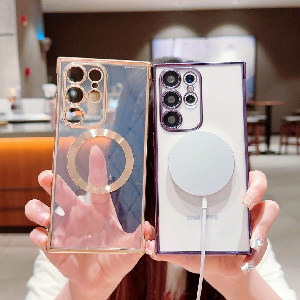 Electroplated transparent magnetic mobile phone case Samsung S23U mobile phone case S24U/S23FE fashion female S21