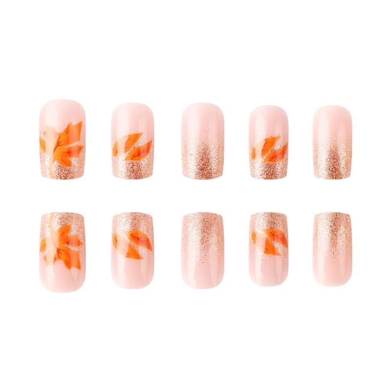 24x Maple Leaf Artificial Nail Full Cover Stick On Nail Short False Nail Fall Press On Nail Thanksgiving Nail