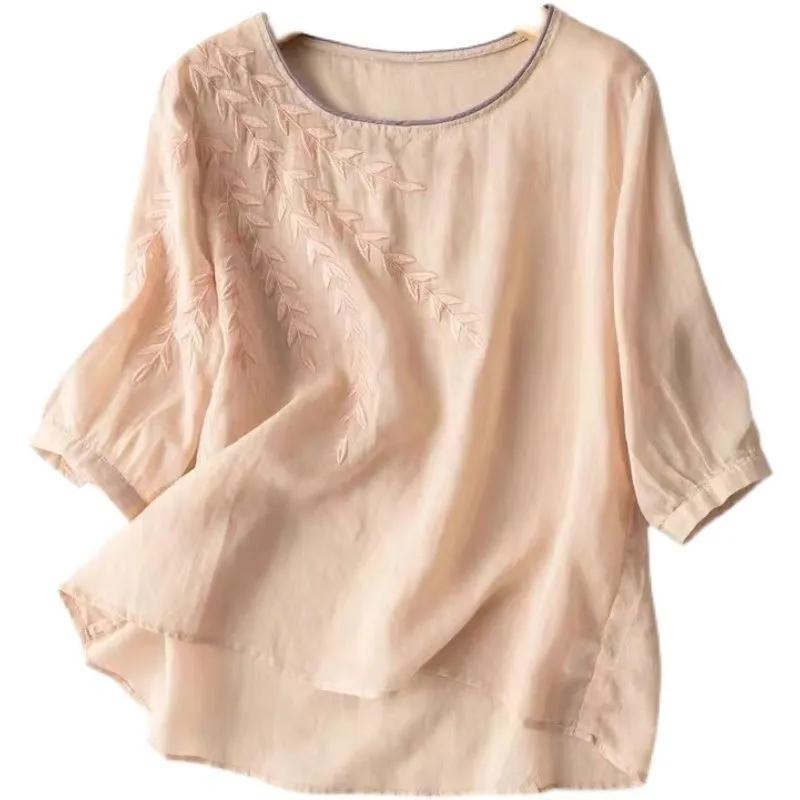 Embroidered Small Shirt Women's Summer Large Loose Literary and Artistic Vintage Round Neck Pullover Short Sleeve T-shirt