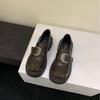 Coarse heel French sense retro brown small leather shoes women's shoes 2025 new metal belt buckle loafer single shoes