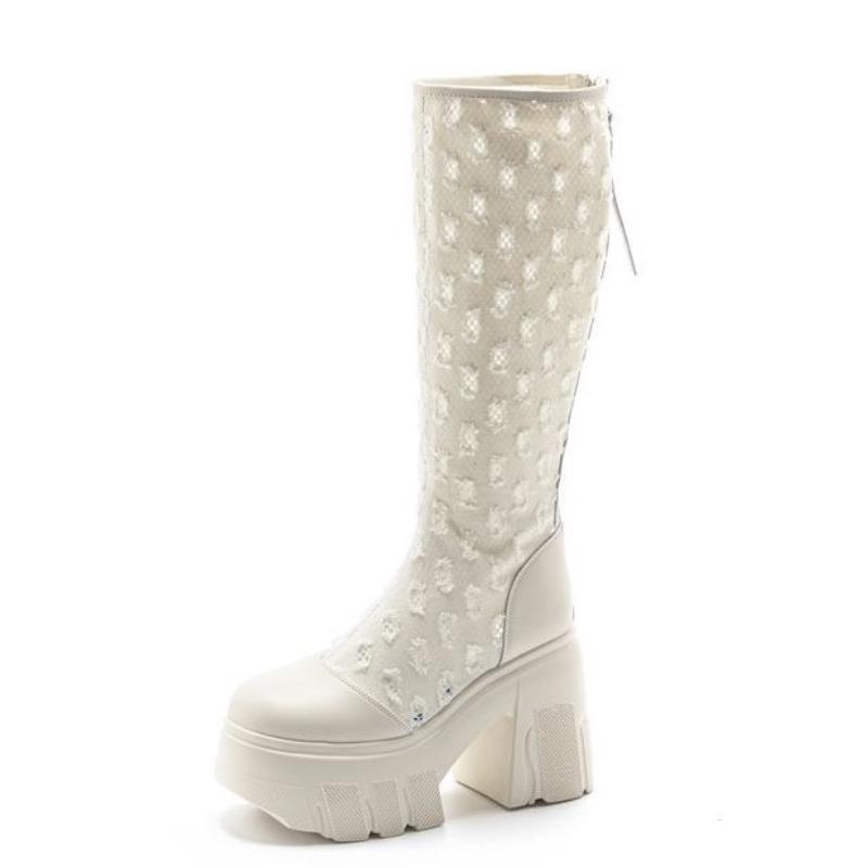 Fashion 11cm Fashion Luxury White Lace Boots Women's Summer High Hollow Boots Ladies Hollow Flat Casual Platform Shoes Botas De Mujer