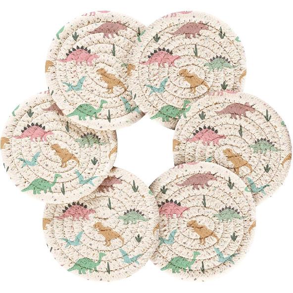 Dinosaur Cotton Cup Coasters with Holder Absorbent Drink Coasters Set for CoffeeTabletop Protection Housewarming Gift Home Decor 6 Pcs