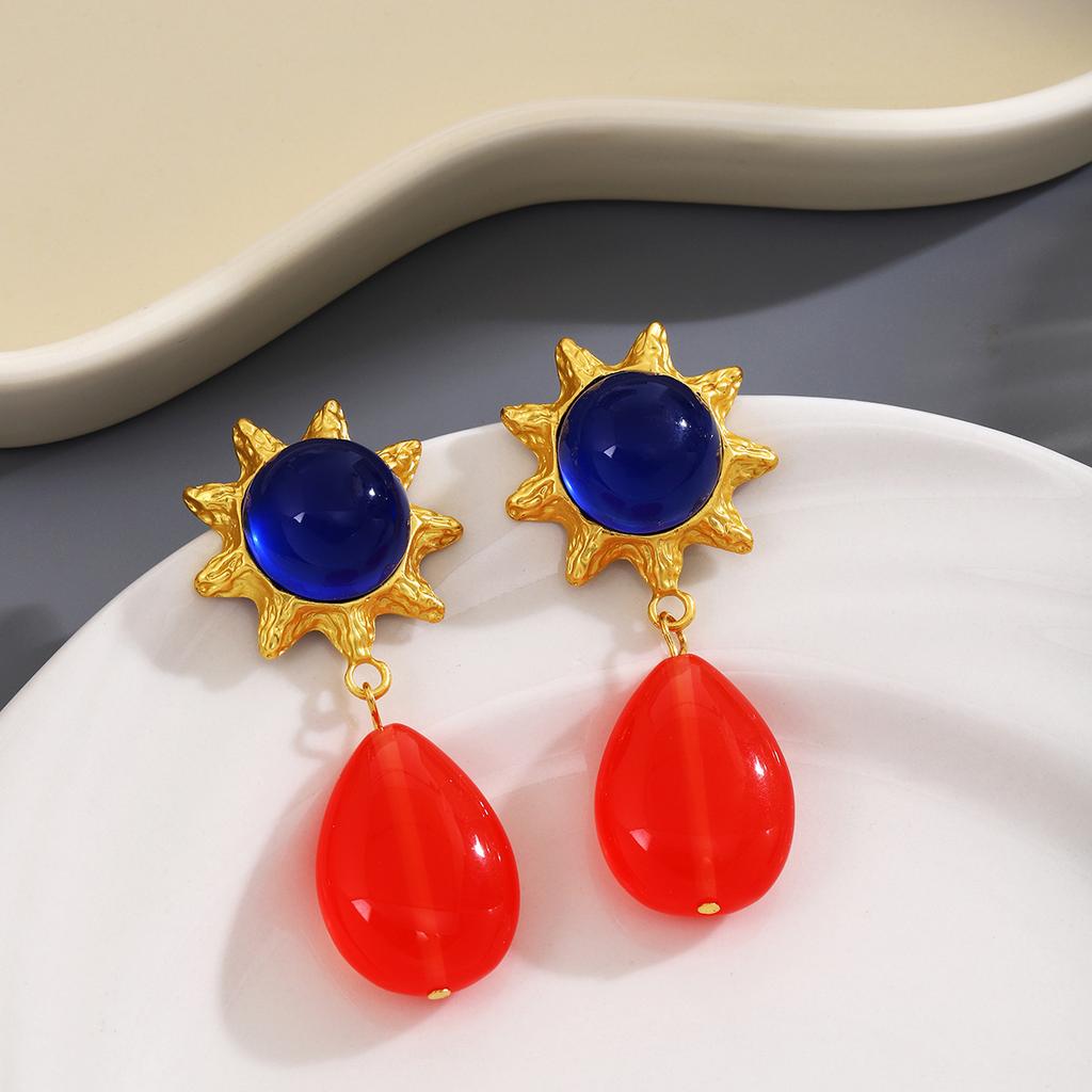 Design Sense Three-Color Sun Flower Stud Earrings, Retro Personality Geometric Water Drop High-End Sense Earrings For Women