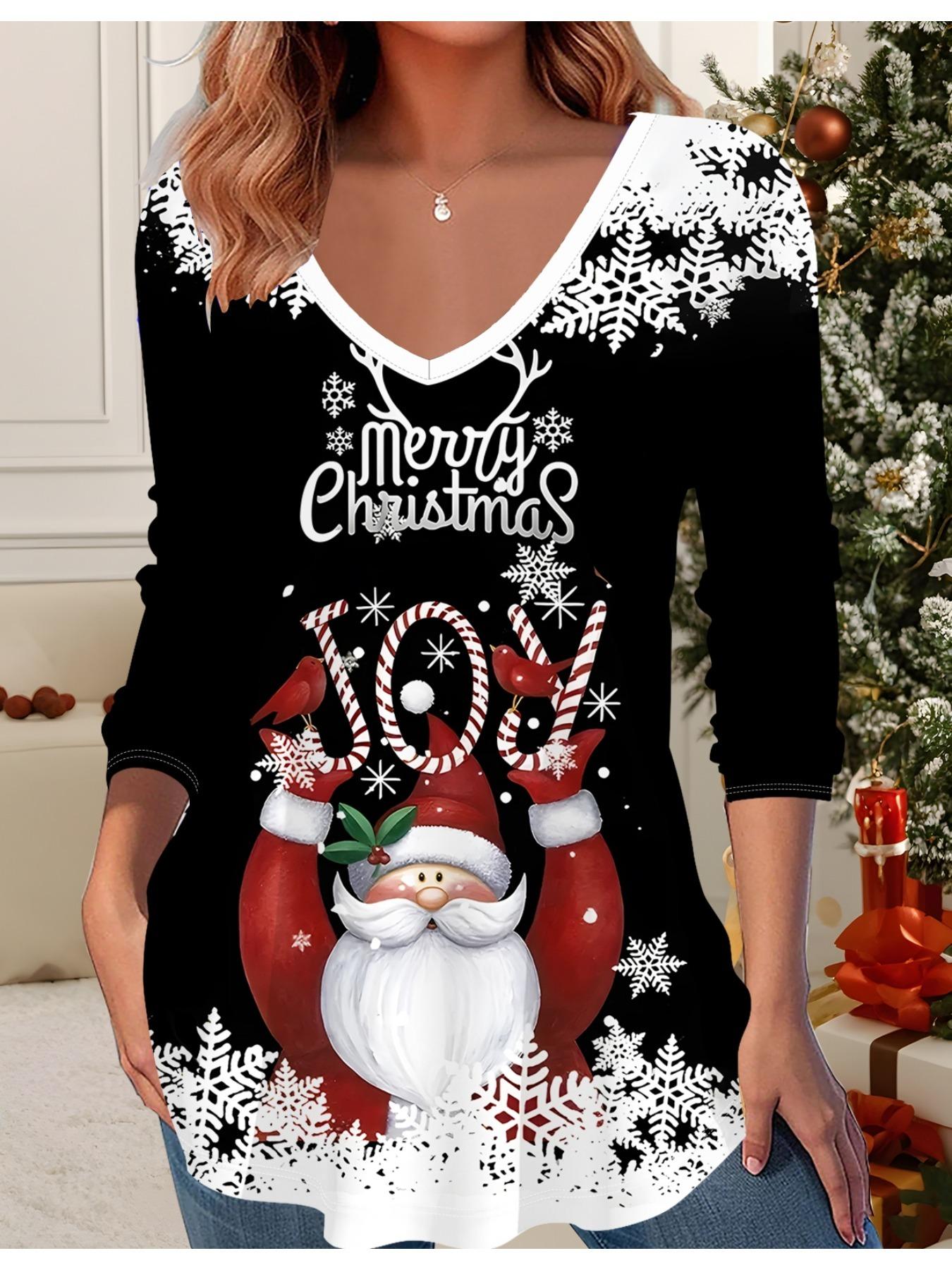 

3D Рождественская Принтованная Модная Повседневная Женская Футболка с V-образным вырезом и длинным рукавом - Одежда для новогодней вечеринки, Праздничный подарок 6XL чёрный