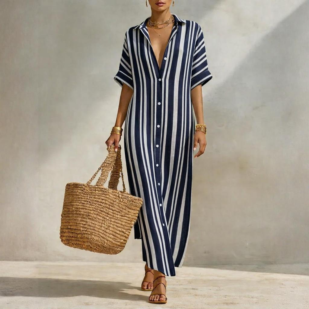 Ladies' Casual And Fashionable Loose Striped Shirt Dress