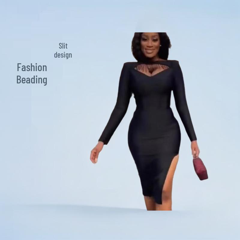Damska Seksowna Sukienka Bandażowa z Koralikami i Długim Rękawem z Rozcięciem