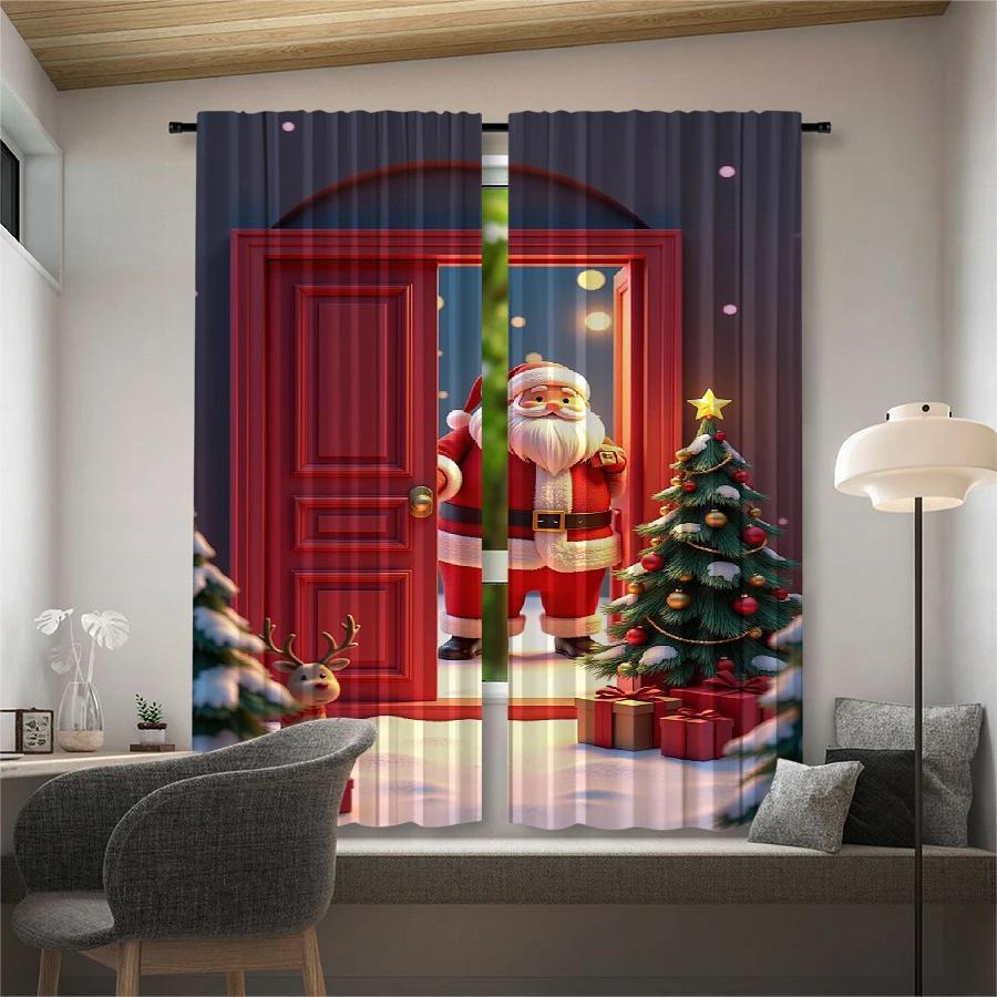 Modern Set Of 2 Christmas Santa Claus Tree Pattern Printed Curtains Decorations Home Room Curtain Polyester