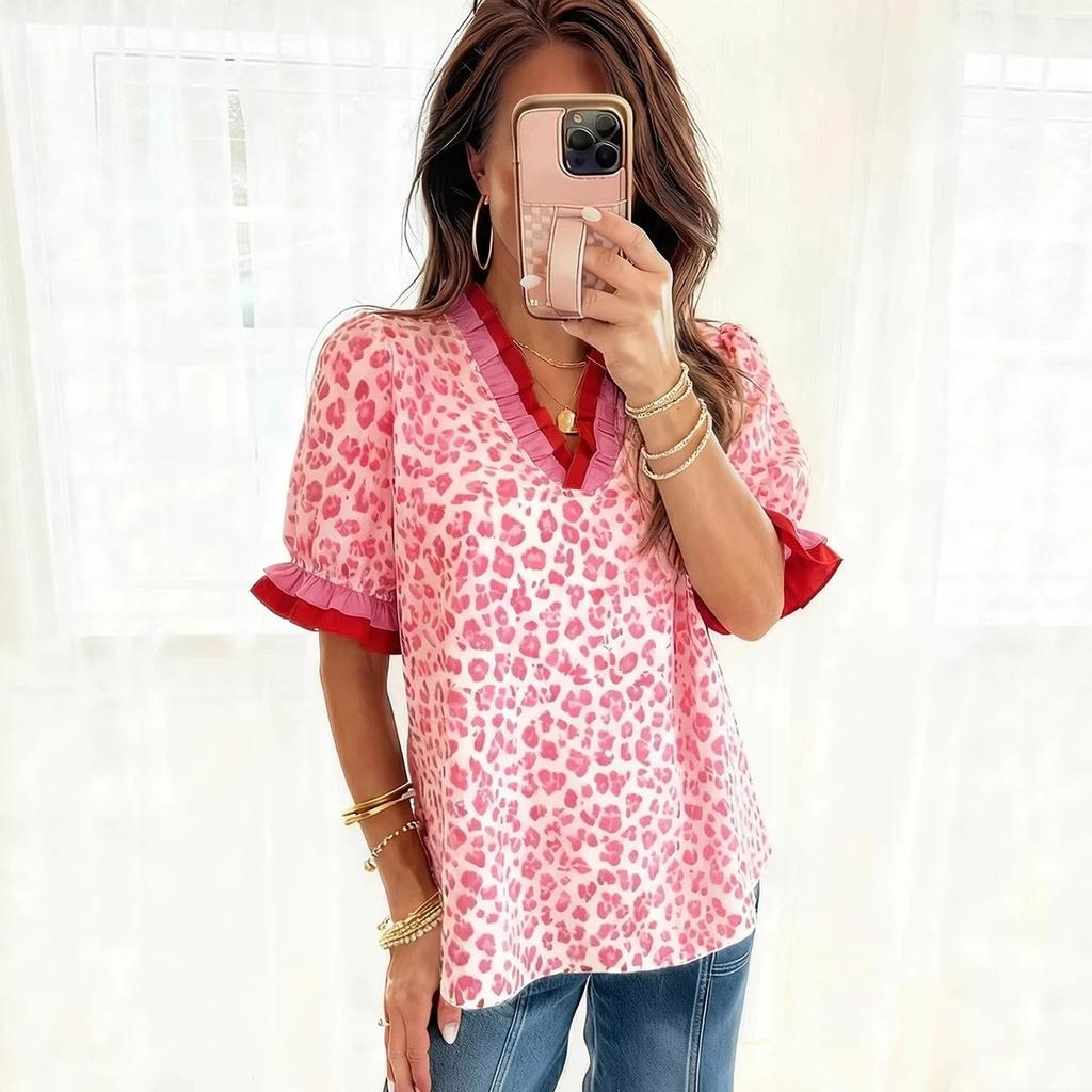 Women's V Neck Short Sleeve Blouse Loose Fit Streetwear Top Leopard Print Chiffon Shirt