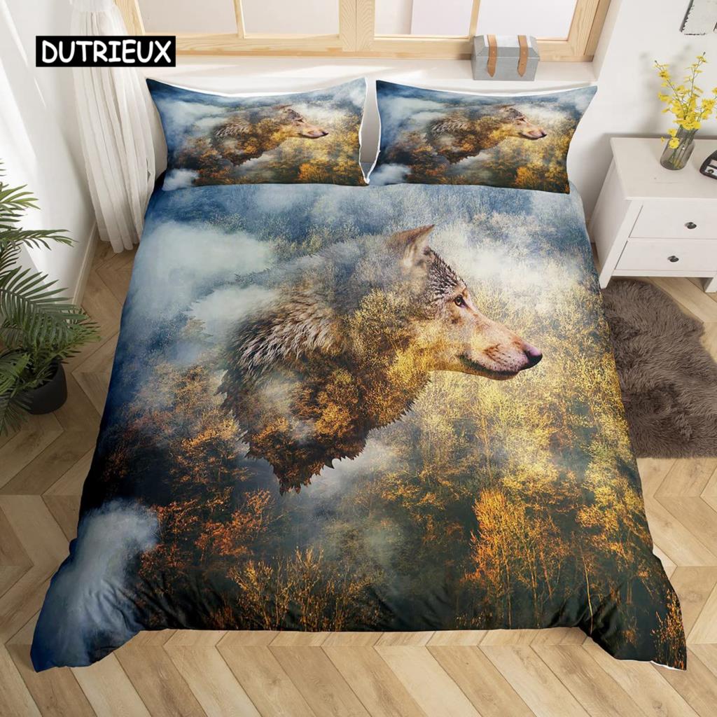 Set Copripiumino Matrimoniale per Bambini Adolescenti Microfibra Tema Animale Motivo Lupo delle Nevi Copripiumino Set Letto Stampato Animali Selvatici