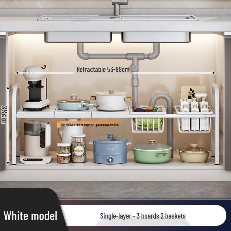 Rozšiřitelný kuchyňský úložný regál: Podumyvadlová police na organizér na nádobí