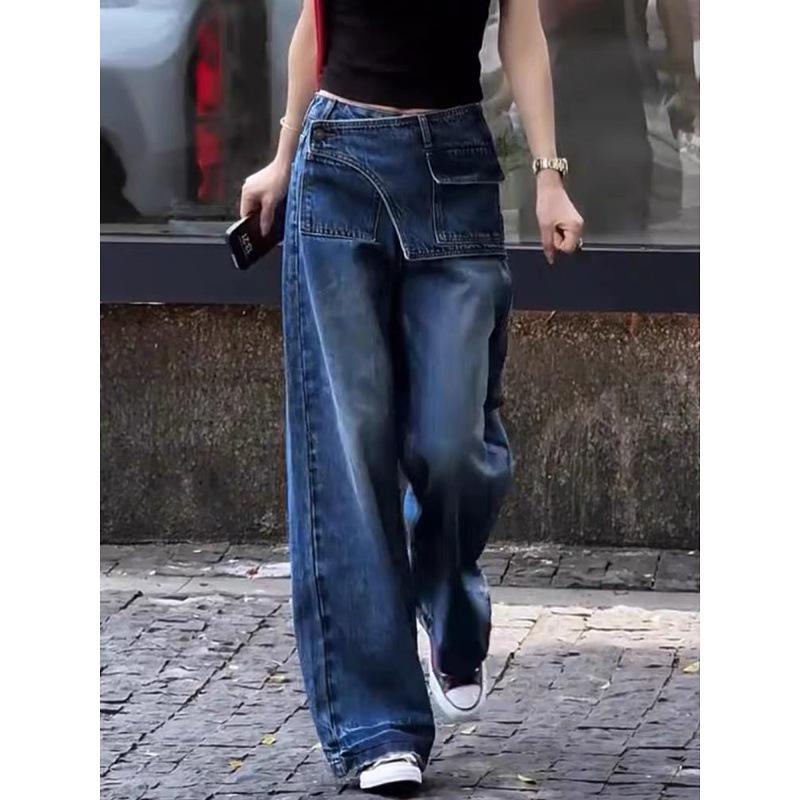 Plus Size High Waist American Style Women's Jeans - Spring/Autumn Loose Straight Wide-Leg for Pear Shape.