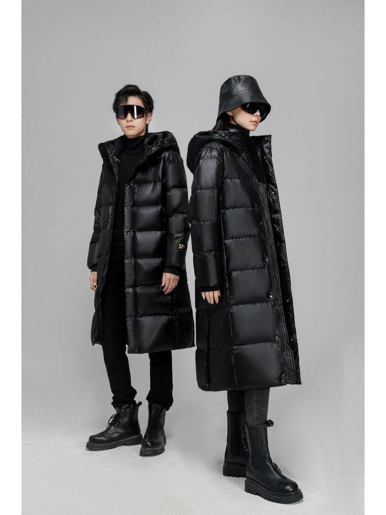 Black Gold Couple's High-End Hooded Long Down Jacket - Unisex, Over-the-Knee, Winter Warmth