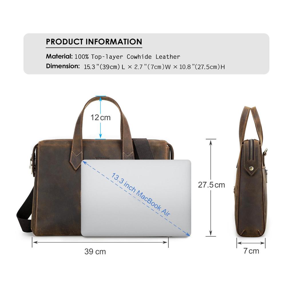 CONTACT'S Genuine Leather Briefcase Shoulder Messenger Bags Vintage Crazy Horse Leather Bag for 13.3 inches Laptop Large Capacity Business Bags