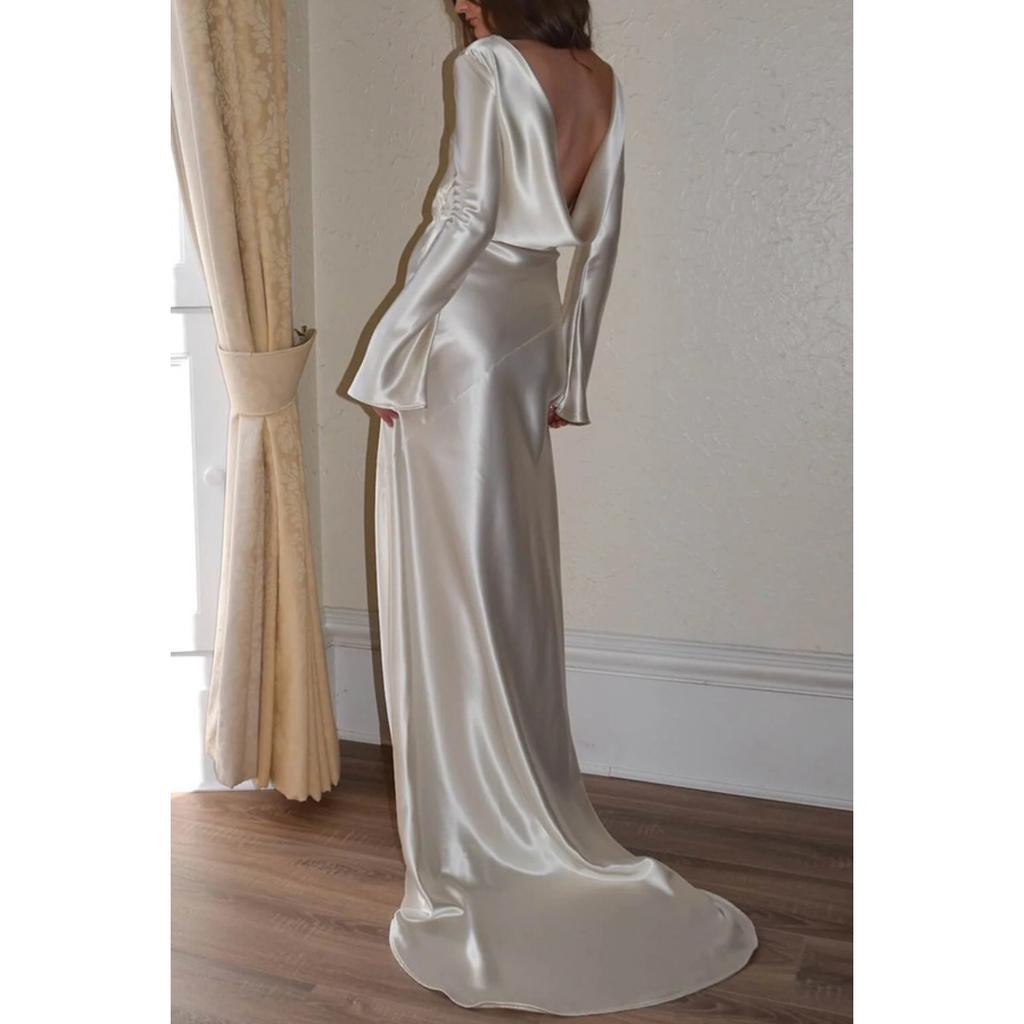 Women's Sexy Backless Mermaid Maxi Dress, Solid Color Round Neck Slim Fit Evening Gown for European American