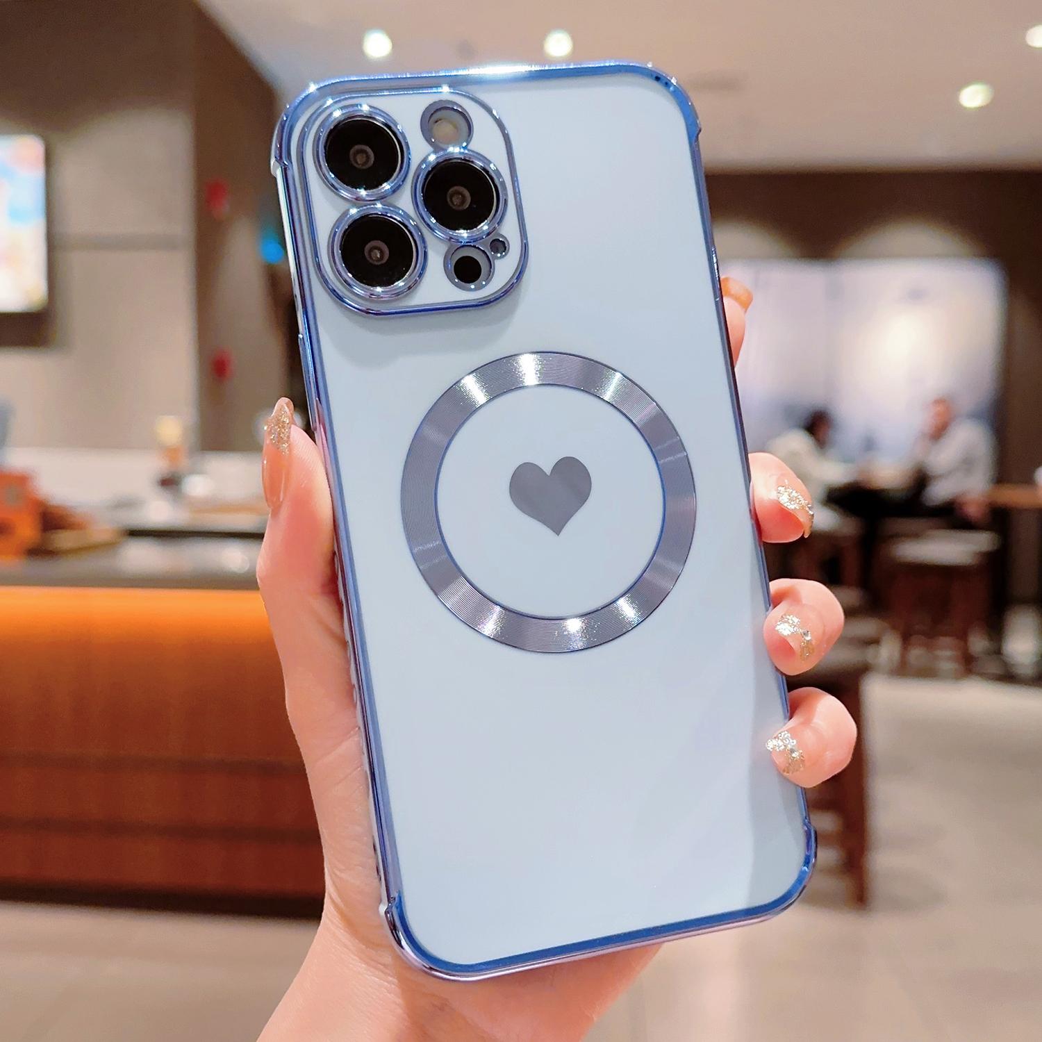 

For iPhone 15 Pro Magnetic Case Love Hearts Electroplating TPU Phone Cover Camera Protection Blue