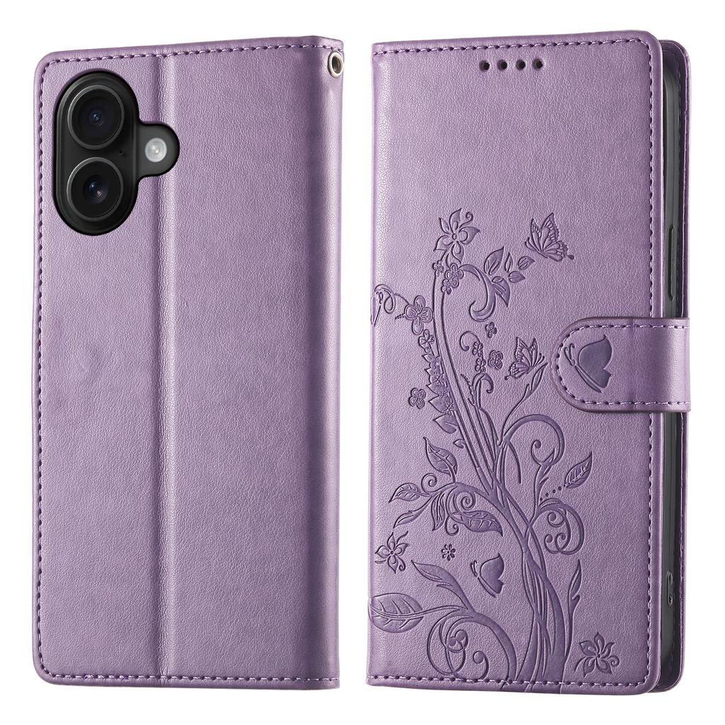 For iPhone 16 Wallet Case Butterfly Floral Imprint PU Leather Phone Cover with Wrist Strap