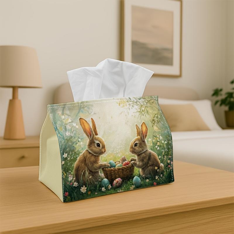 1pc Romantic Botanical Whimsical Easter Tissue Holder - Bunny Duo Basket for Garden, Office, Gatherings, Vehicle for Living Room, Kitchen, Occasions -