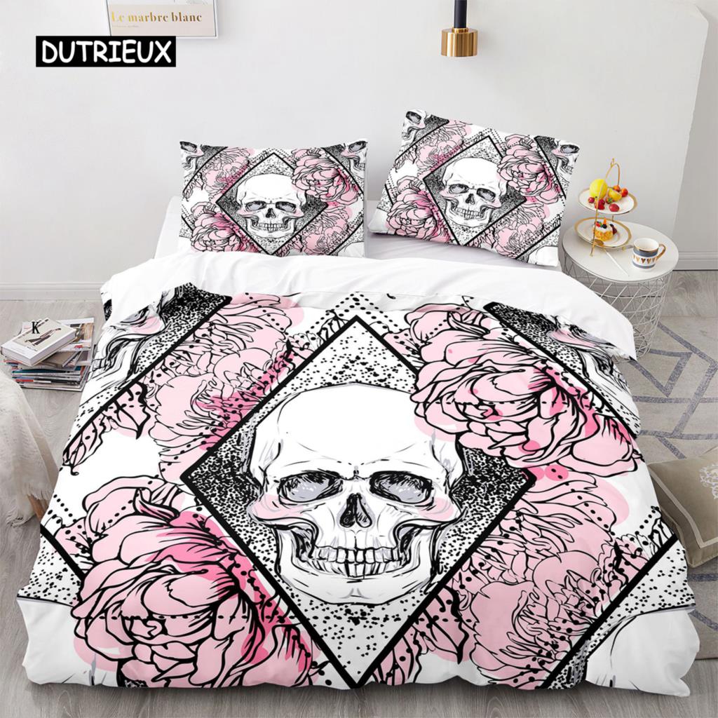 Povlak na přikrývku Sugar Skull King Mikrovlákno Růžový Ložní Set Květinová Lebka Povlak na Přikrývku Černá Červená Oranžová Kostra Jednolůžkový Povlak na Prošívanou Přikrývku
