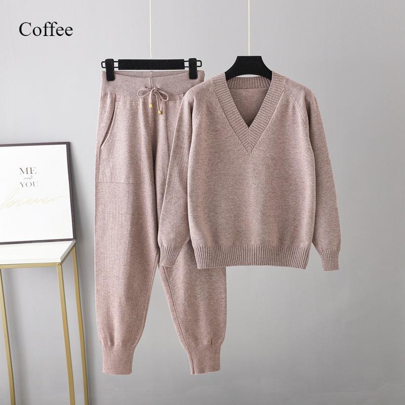 Autumn and Winter New Sweater Harlan Pant Suit Casual Jumper Women's Thick Warm Fashion Solid Color Knitwear