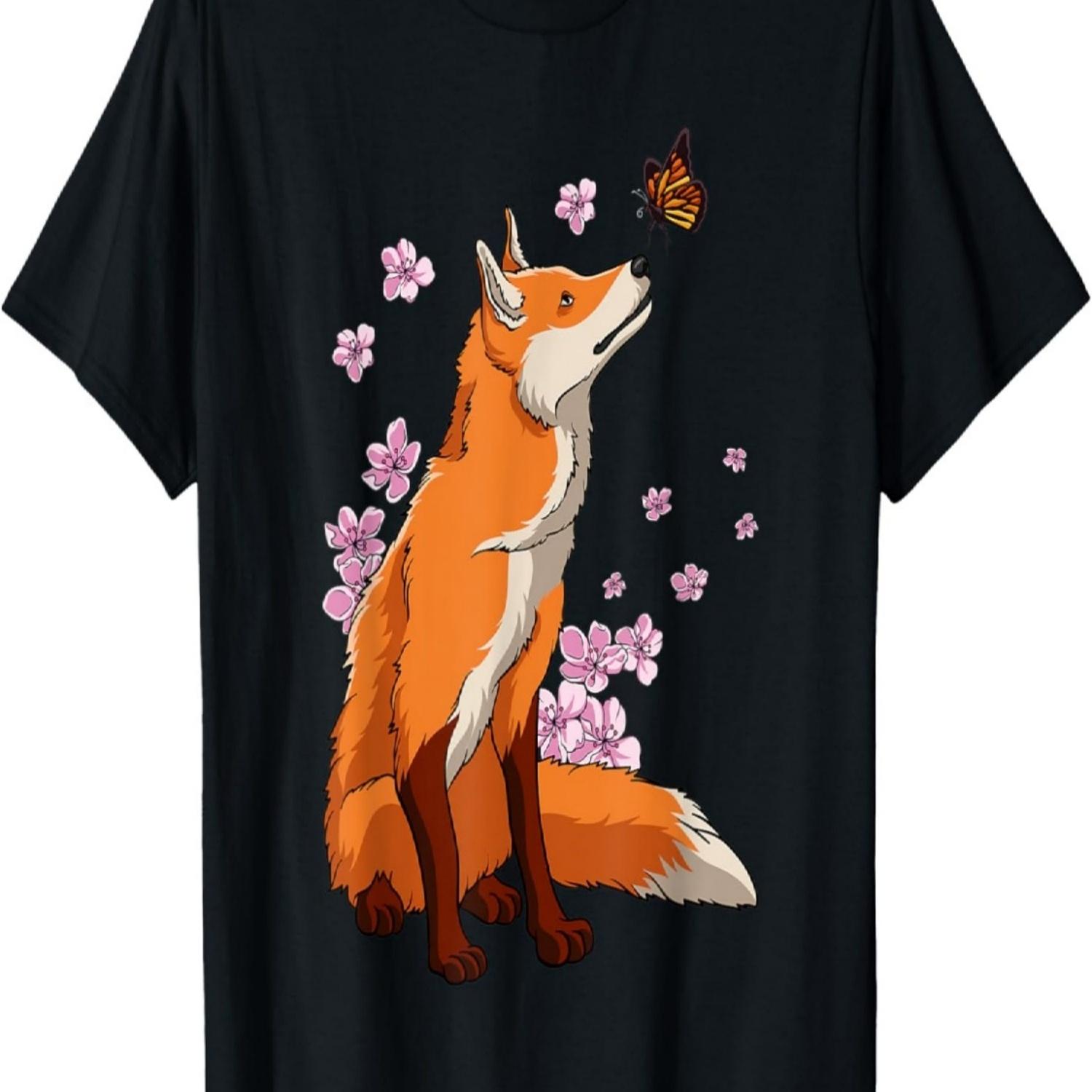 Fox With Butterfly  Sakura Cherry Blossom T-Shirt S чёрный
