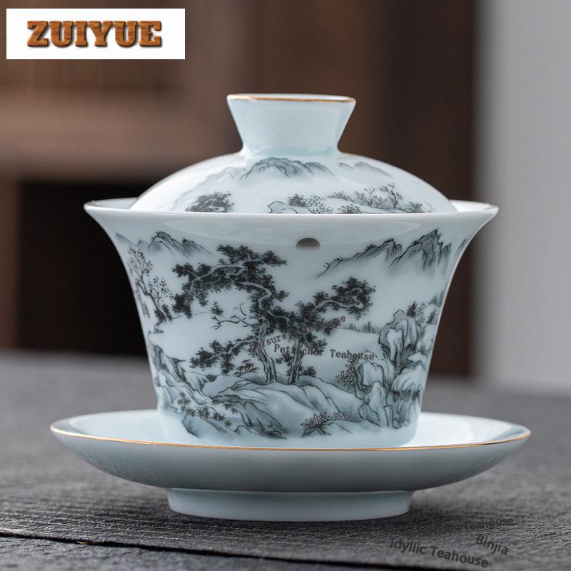 150ml Mutton Fat Jade Famille Rose Landscape Gaiwan Elegant Tea Tureen Tea Bowl With Lid Kit Tea Brewing Cover Bowl Cha Craft