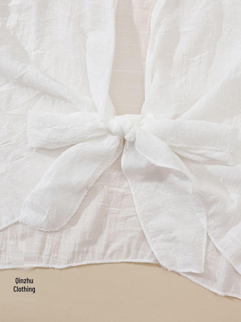 Long-Sleeve Bamboo Cotton Beach Cover-Up with Front Tie for Women
