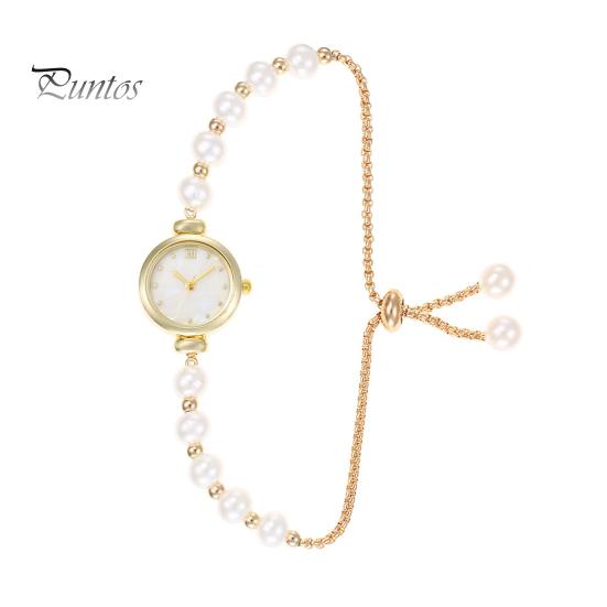 

Женские часы с браслетом из искусственного жемчуга, регулируемый ремешок, круглый циферблат со стразами, женские повседневные наручные часы для торжественного платья, кварцевые модные ювелирные изделия, аксессуары золотистый