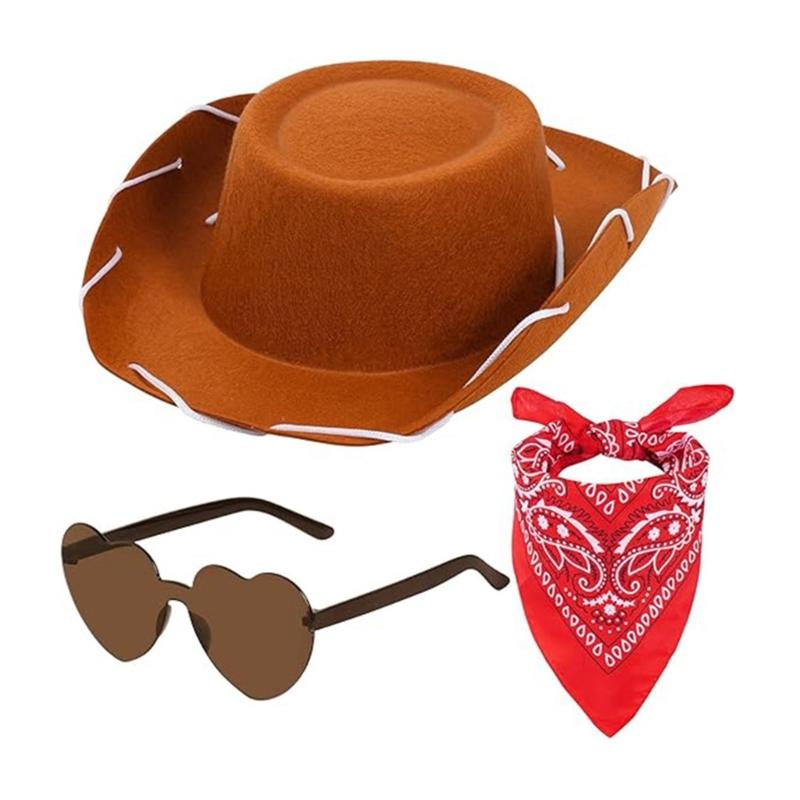 

Cowgirl Hat Scarf Sunglasses Set for Music Festival Cool Scarf for Costume Party Cool Bandana for Bachelorette Party 1 коричневий