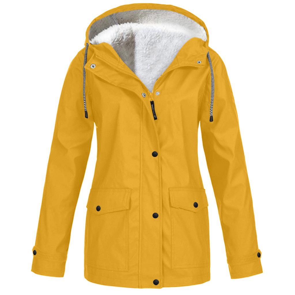 Frauen Solide Plüsch Regen Outdoor Plus Größe Mit Kapuze Regenmantel Winddichte Jacke Mantel