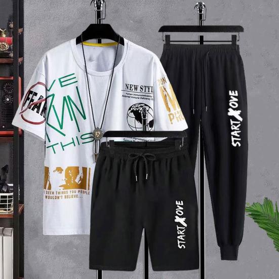 

3 шт./компл., мужской спортивный комплект, футболка с круглым вырезом и короткими рукавами, эластичные шорты на талии с завязками, спортивные штаны, спортивный костюм с принтом L белый