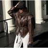 2026 Autumn Women's Elegant Faux Leather Belted Lapel Jacket