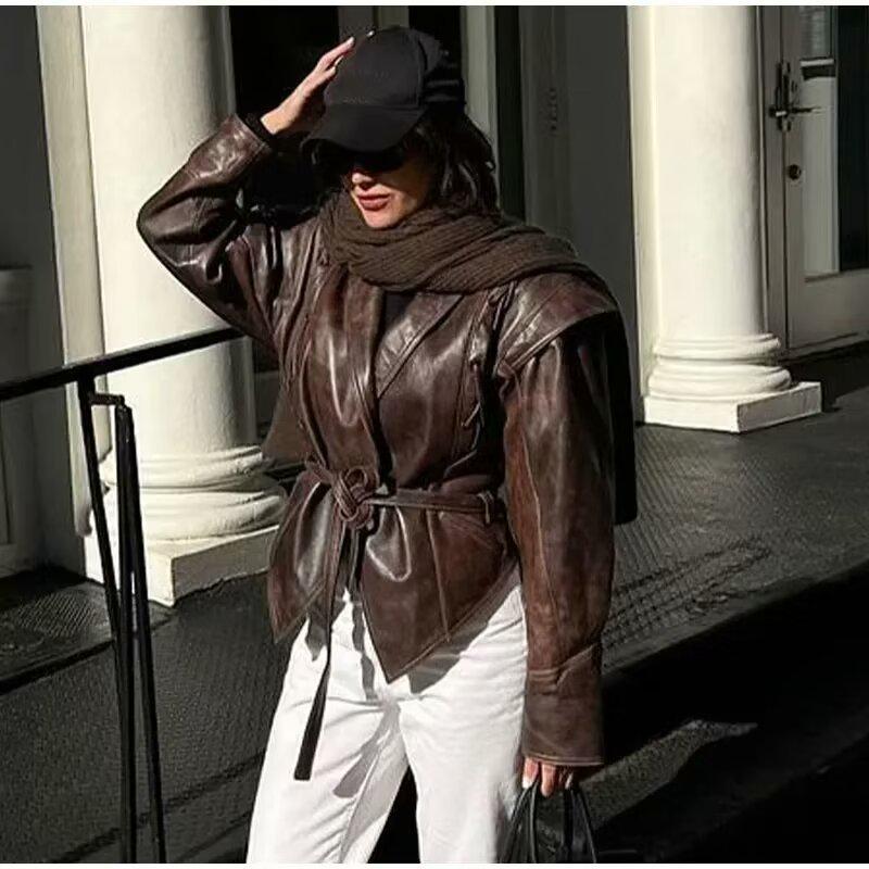 2026 Autumn Women's Elegant Faux Leather Belted Lapel Jacket
