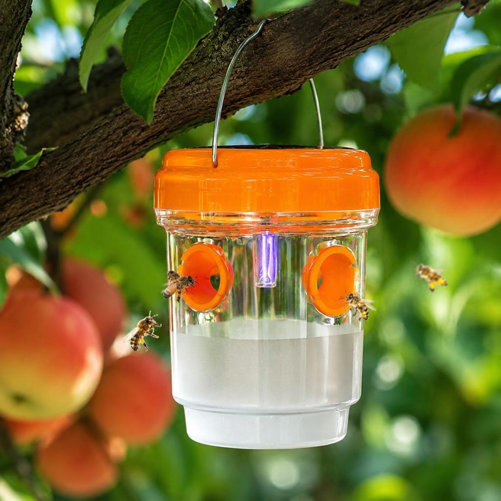 Outdoor Fruit Fly Trap Hanging Container Solar Powered LED Light Fruit Fly Catcher for Garden Patio Porch Insect Control