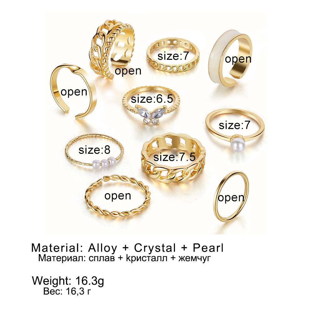 New retro inlaid pearl chain ring butterfly open ring ins wind ring set 10-piece set