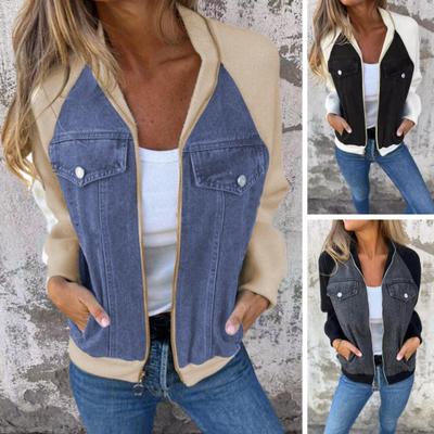 Fall Spring Women Jacket Colorblock Zipper Closure Long Sleeves Hooded Fake Chest