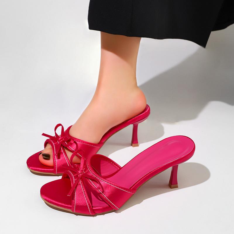 Summer New Fashion Breathable Open‑Toe High‑Heel Sandals, Versatile Simple Bow Thin‑Heel Slide Slippers