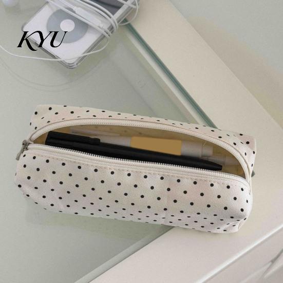 Soft Fabric Art Supply Holder Polka Dot Pencil Case, Stationery Organizer Pouch, Cute Makeup Portable Cosmetic Bag for Women Zipper Closure Pen School
