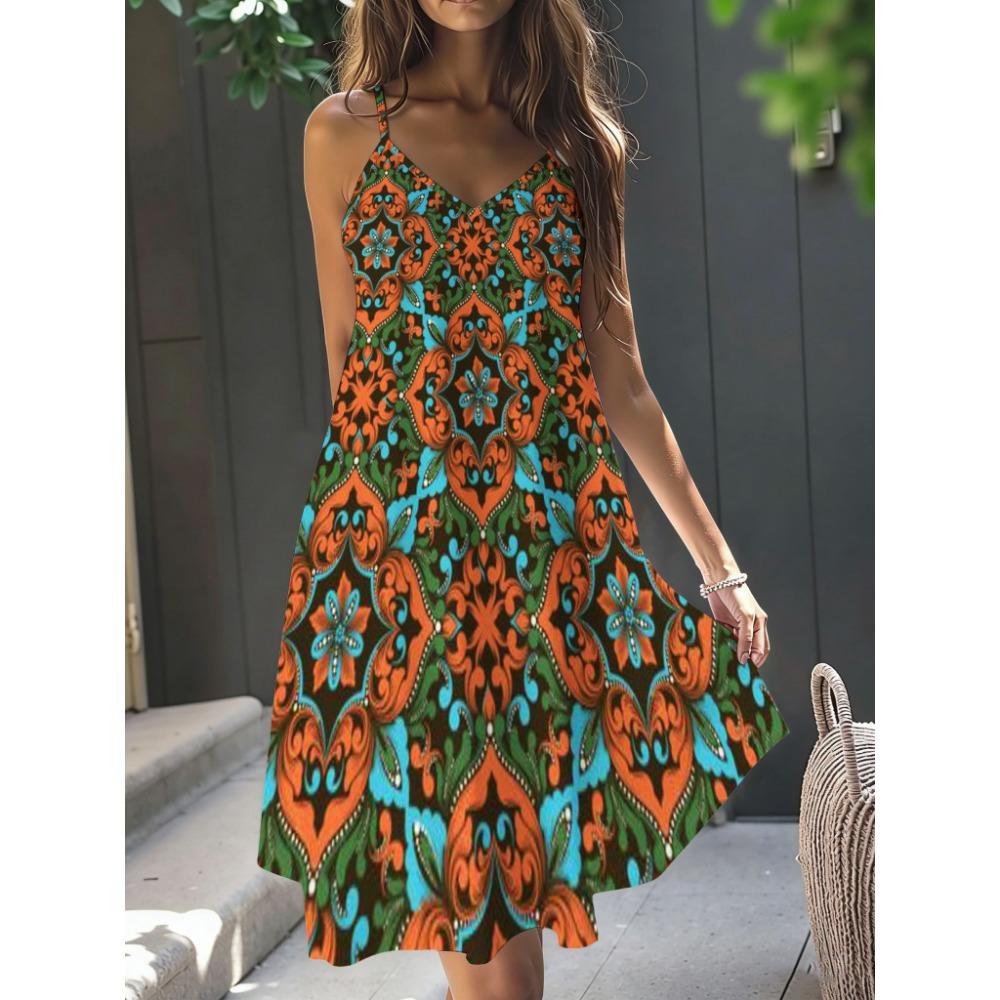 Women's Casual Bohemian Style, Summer Deep V-Neck Spaghetti Strap Midi Dress