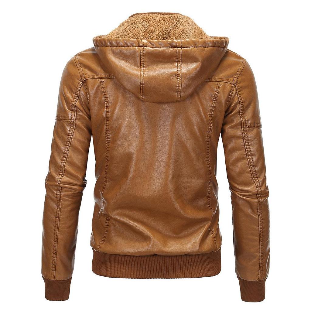 Autumn Winter Men Solid Color Warm Jacket Casual PU Hooded Coat Plus Size S-3XL