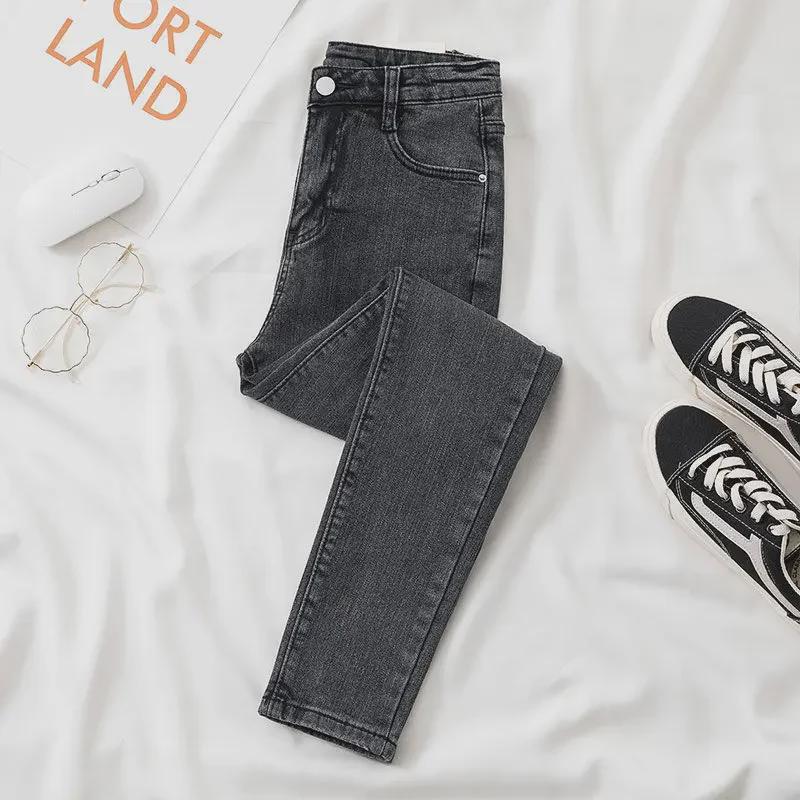 Women's Black Grey Slim Fit Nine-Point Skinny Jeans