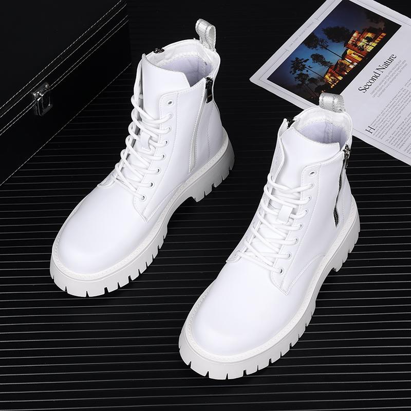 Fashion Men Luxury Fashion Black White Boots Lace-up Original Leather Shoes Stage Nightclub High Motorcycle Boot Cowboy Platform Botas