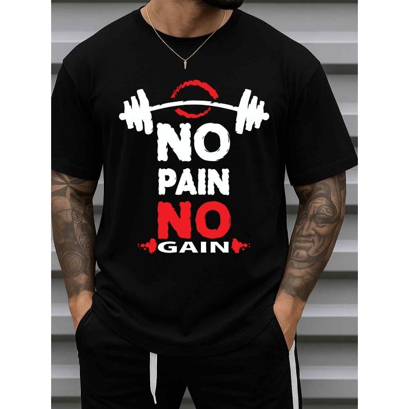 European Sizes Men's No Pain No Gain Motivational T-Shirt - Heavyweight Cotton Fitness Tee with Gym Slogan, Round Neck Short Sleeve Shirt Suitable