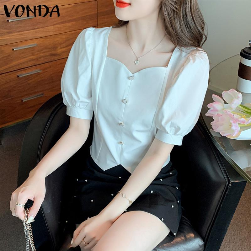 

VONDA Женские топы-блузки с короткими рукавами-буфами и однотонной талией