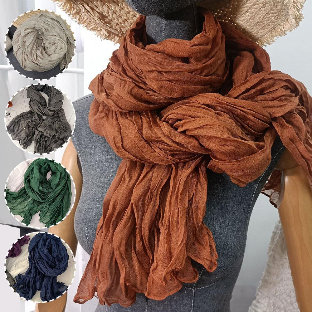 Autumn Winter Women Long Scarf Solid Color Pleated Elegant Womens Shawl Vintage Casual Warm Neck Warmer Trend Cotton Hemp Scarf