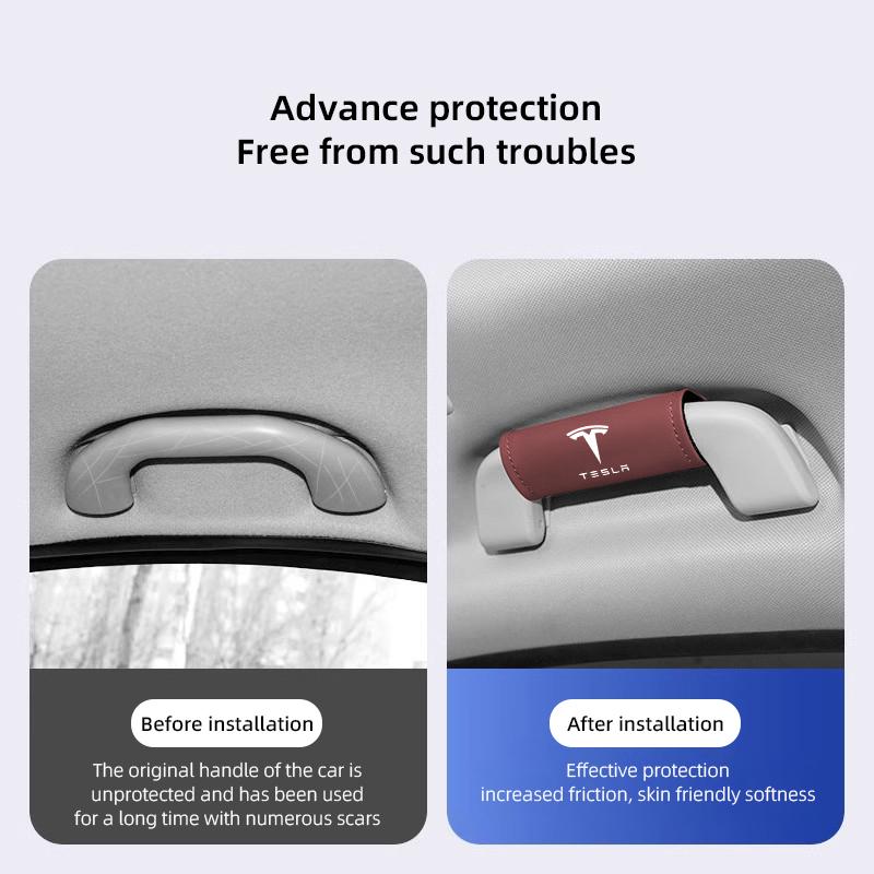NLVAC1 2Pcs Leather Car Door Armrest Cover Roof Handle Covering For Tesla Model-Y Model-3 Model-X Model-S Cybertruck Roadster SpaceX