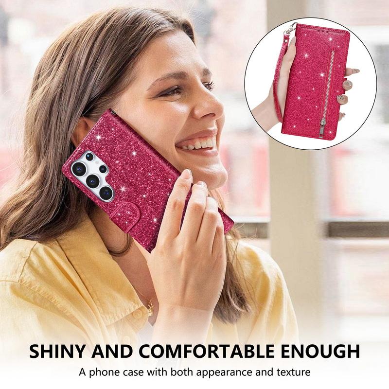 Custodia a Portafoglio Flip in Pelle con Zip Glitterata Per Samsung A57 A37 A17 A56 A36 A26 A16 A55 A35 A25 A15 A54 A34 5G S21 FE S22 S23 S24 Plus S25 Edge S26 Ultra