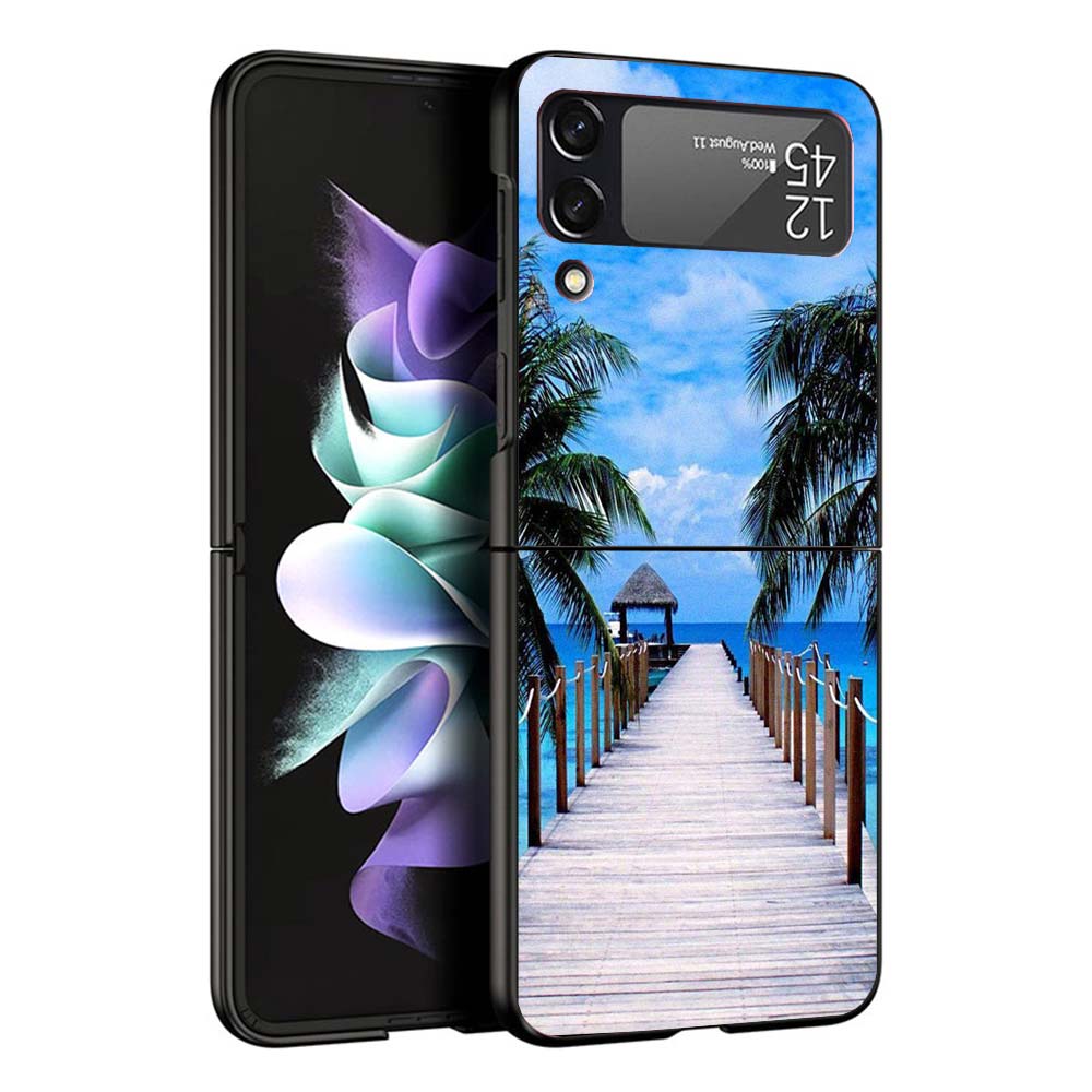 Summer Beach Sunset Sea Palm Tree Black Cover for Samsung Galaxy Z Flip 7 6 5 4 3 5G Phone Case Flip7 Flip6 Flip5 Flip4 Flip3 Pa