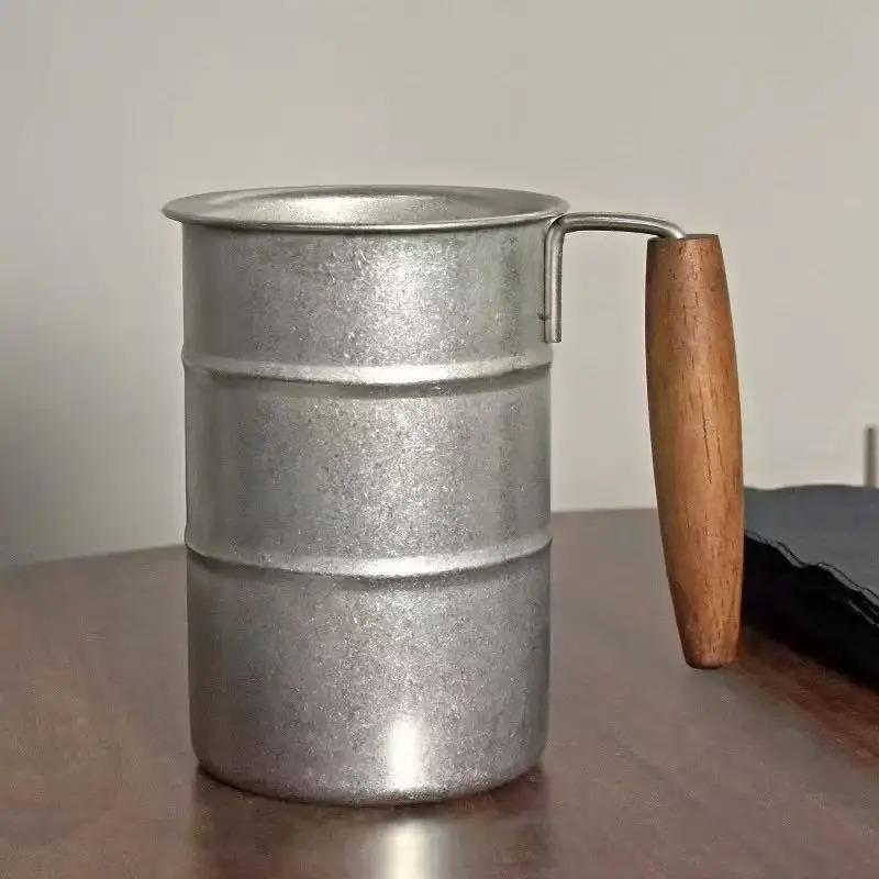 380ml/500ML stainless steel retro beer cup, wooden handle anti fall camping cup, outdoor style travel coffee cup, household cup