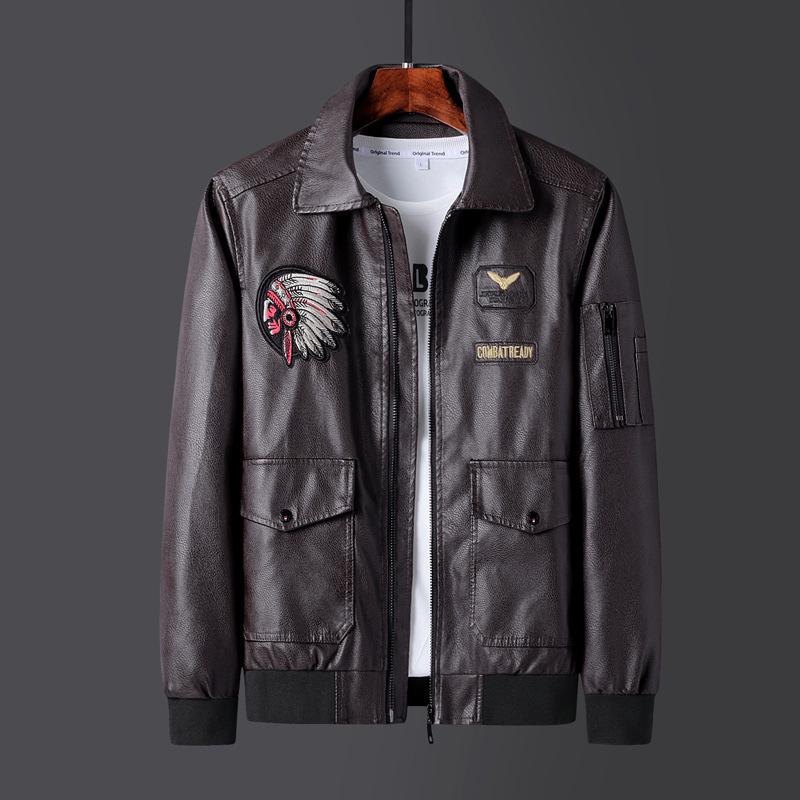 Men's Plus Size Embroidered Leather Baseball Jacket with Velvet, Trendy Spring & Autumn Outerwear.